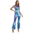 thumbnail image 2 of TiaoBug Women's Shiny Metallic Bell-bottom Jumpsuits 70s Hippie Costume Disco Dance Party Clubwear Blue 3XL, 2 of 8