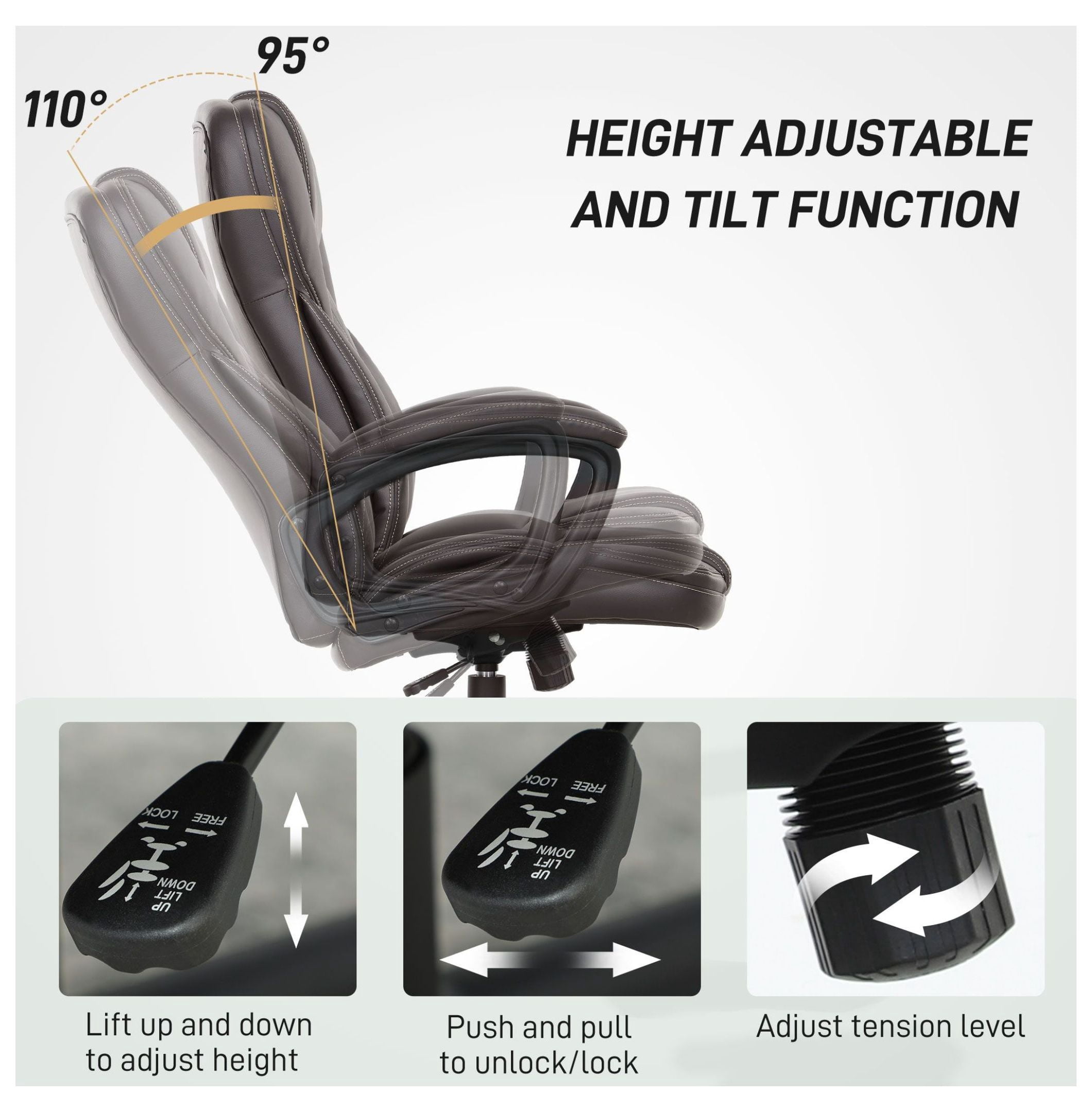 Ergonomic Office Chair, PU Leather Desk Chair Adjustable Height Swivel Executive Chair, High Back Computer Chair for Home Office, Dark Brown