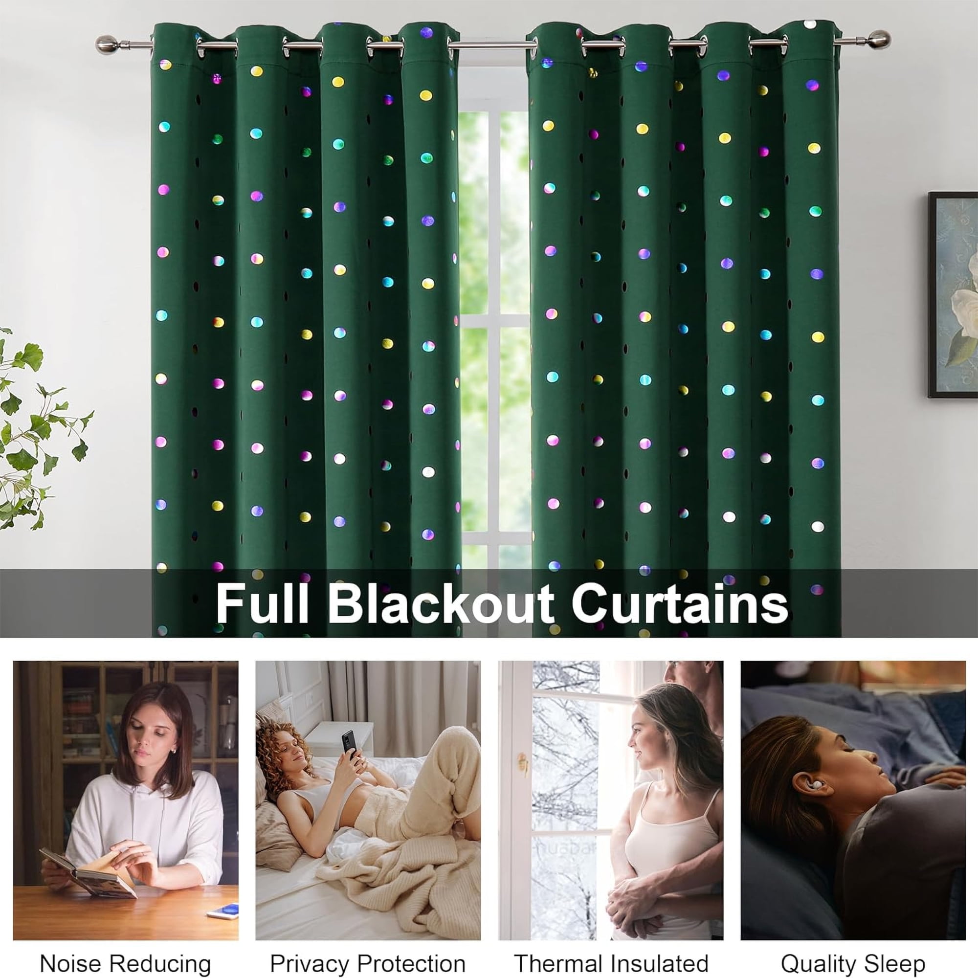 Bazaahm Green Full Blackout Winter Curtains for St. Patrick's Day Kids Bedroom 84" Length Colorful Metallic Polka Dots Print Holiday Curtains Room Darkening Grommet Drapes, 52"W 2 Panels