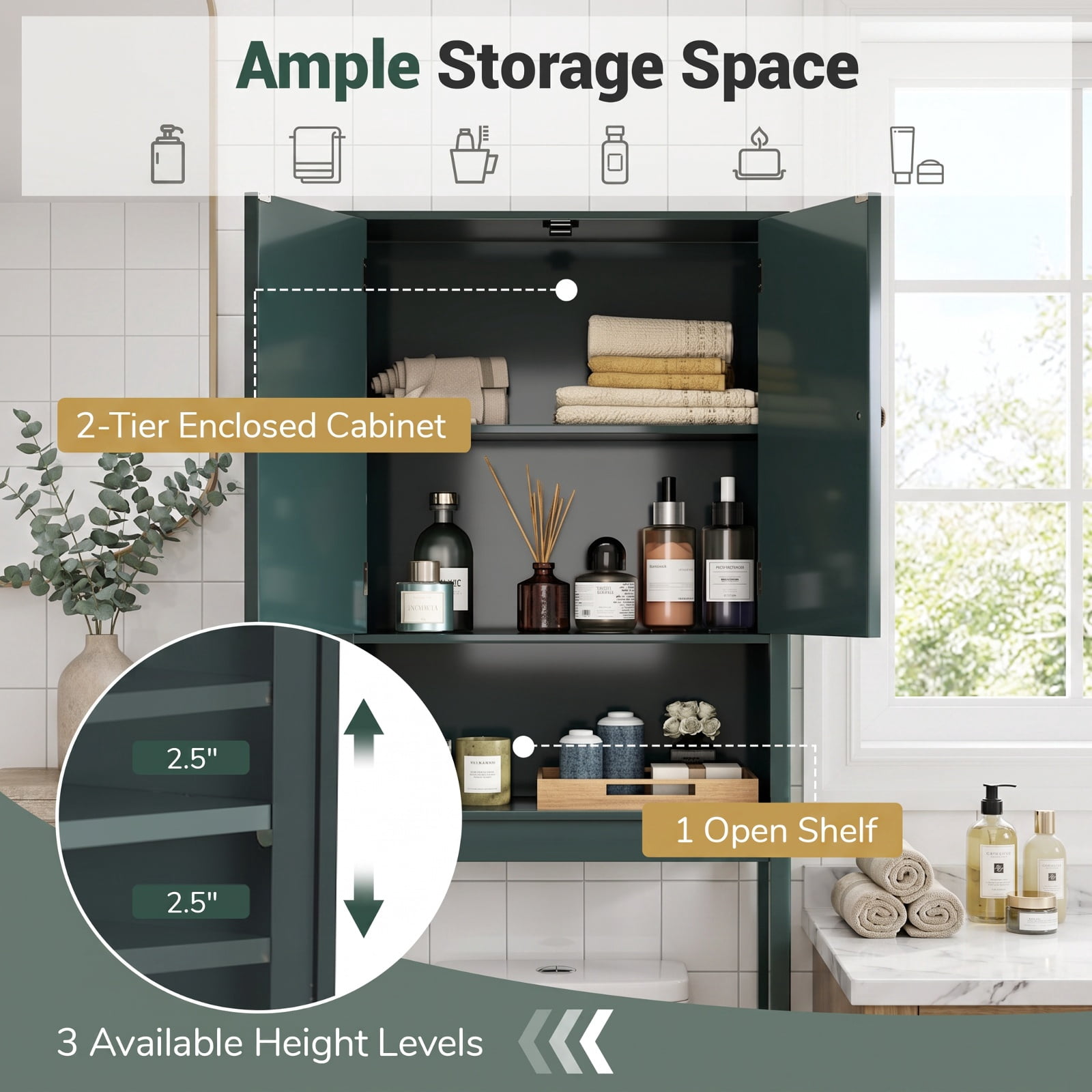 Vebreda Over-the-Toilet Storage Cabinet with Fluted Doors and 3-Position Adjustable Shelf, Freestanding Bathroom Space Saver, 66 in, Green