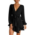 thumbnail image 6 of YAZI Women's Dress Deep V-Neck Long Sleeve Waist Tie Ruffle Mini Swing Skater Dresses, 6 of 11