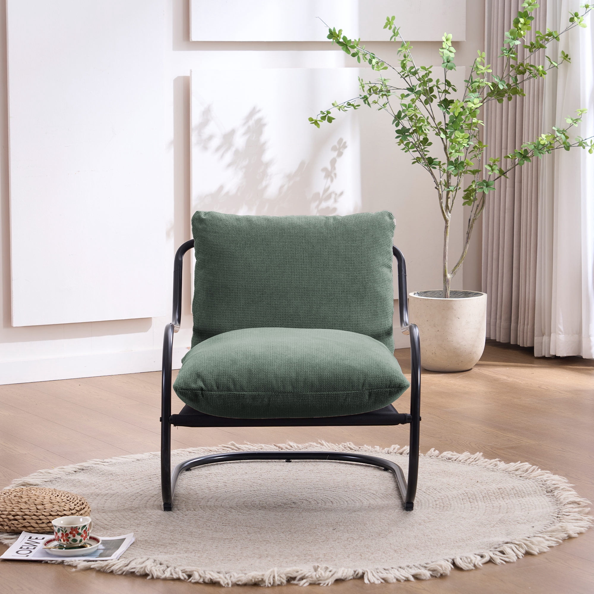 Gewnee Ergonomic Low Profile Accent Armchair, Heavy-Duty Metal Frame Upholstered Reading Side Chair, Space-Saving for Living Room Bedroom Office, Green