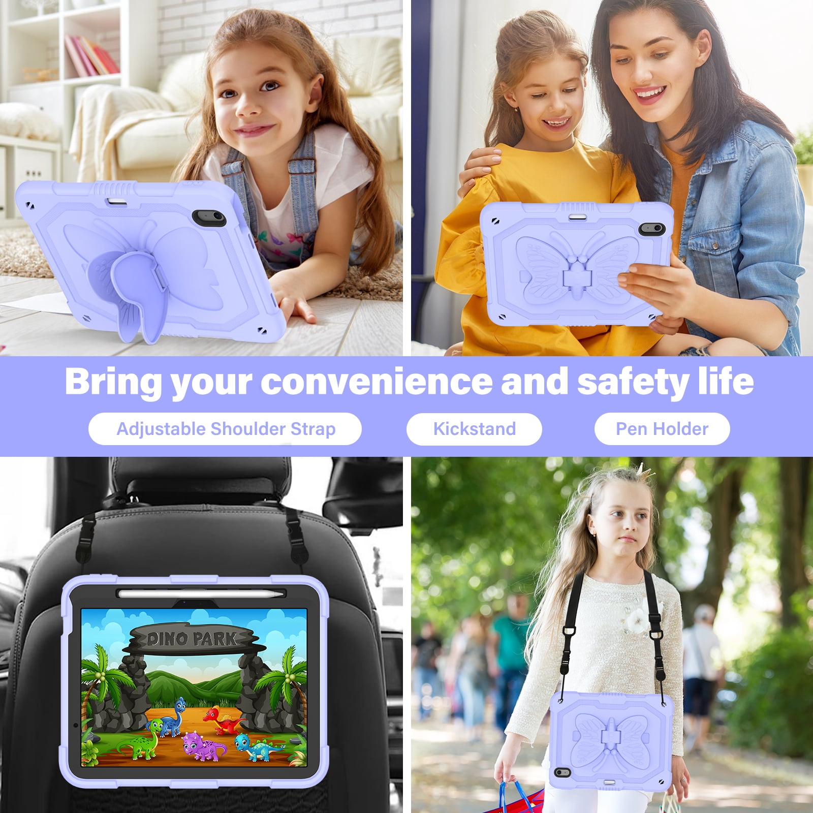 For iPad Air 11 M4 M3 M2 2026 2025 2024 Case, Cute Butterfly Design Heavy Duty Shockproof Shoulder Strap Pencil Holder Kickstand Bumper Kids Friendly Rugged Case for Apple iPad Air 11", Purple