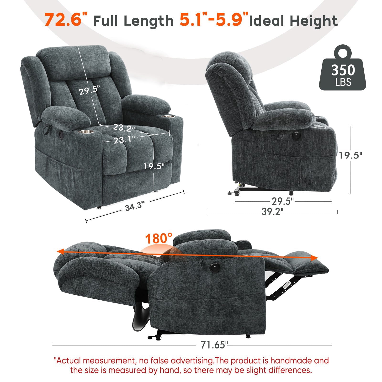 JULY'S SONG Power Recliner Chair with Heat and Massage, Dual Motor Lift Chairs for Elderly with Cup Holders, Oversized Recliners for Adults with USB & Type-C Ports, Grey Blue