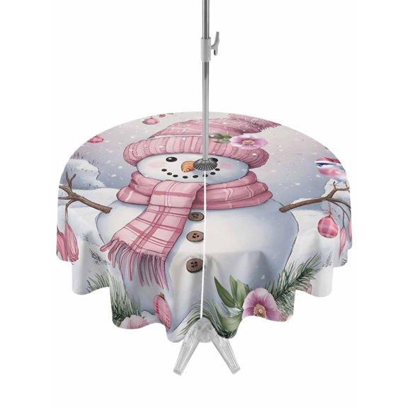 Outdoor Tablecloth with Umbrella Hole and Zipper, Pink Snowman Christmas Round Table Cloth 54 Inch Waterproof Tablecloth, Xmas Floral Tree Snowflake Picnic Table Cover for Patio Camping