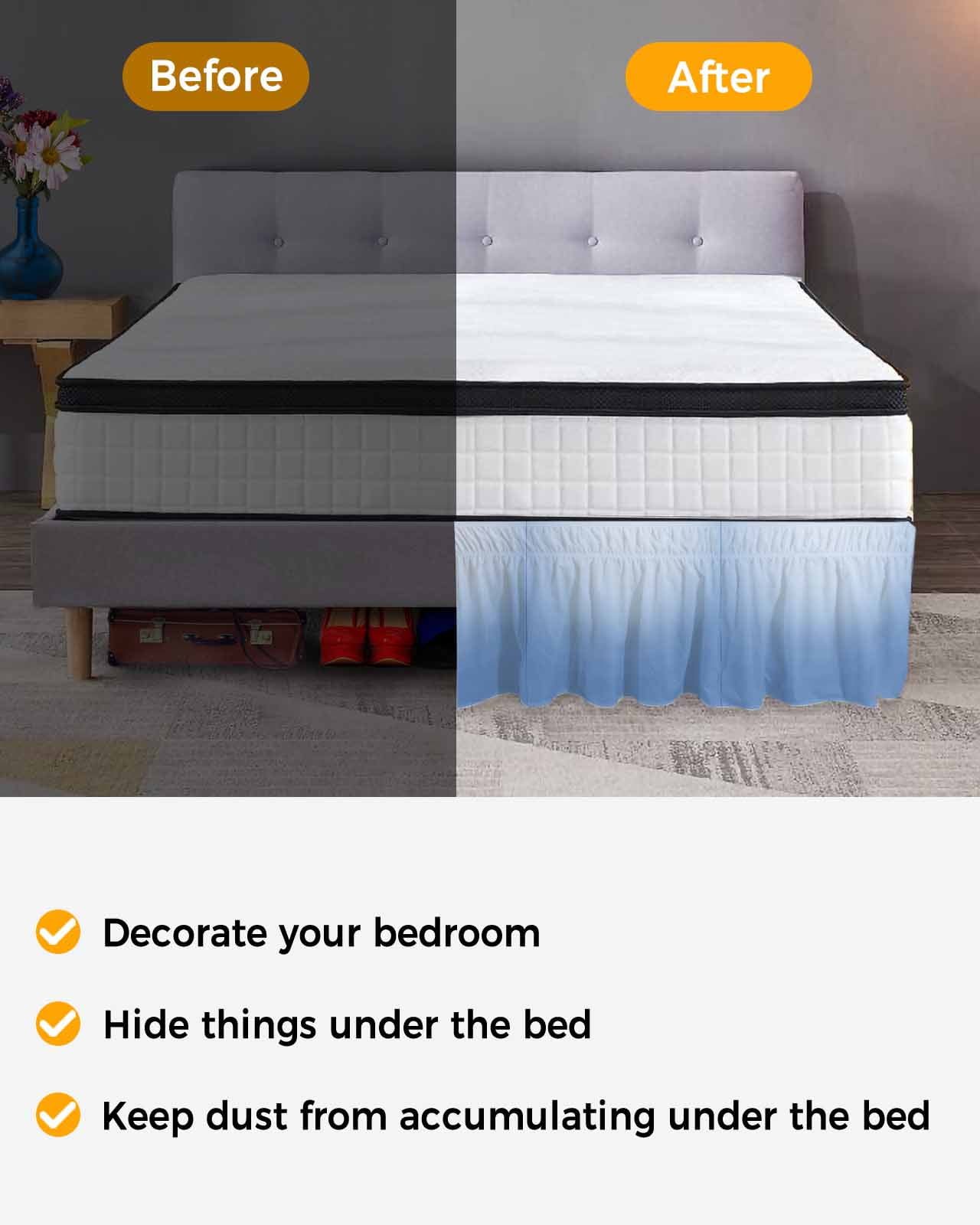 Blue Ombre Wrap Around Bed Skirts for Queen Bed 18" Drop, Bed Skirt with Adjustable Elastic Belt Dust Ruffle Bed Valance for Bedroom Hotel Luxury Modern Minimalist Gradient Aesthetic Bed Frame Cover