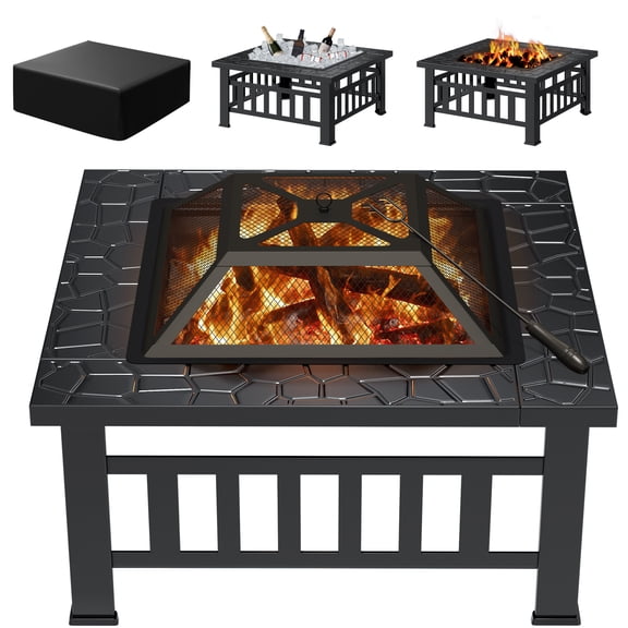 Lacoo 32" Patio Square Fire Pit Table for Patio Backyard BBQ, Ice Storage with Mesh Lid, Poker and Cover, Black