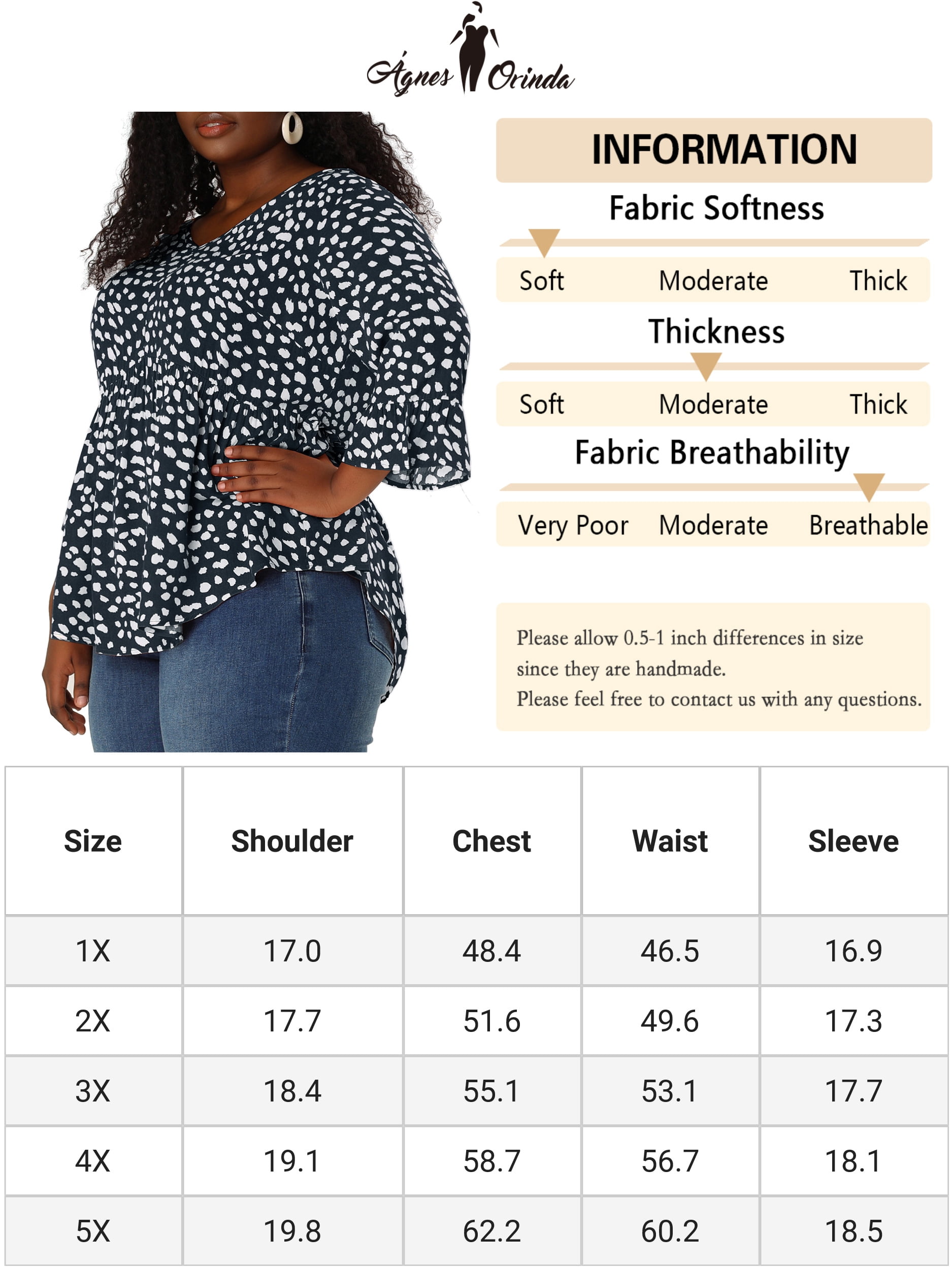 Unique Bargains Juniors' Plus Size Ruffle Sleeve Blouse V Neck 3/4 Polka Dots Peplum Top 4X Navy Blue
