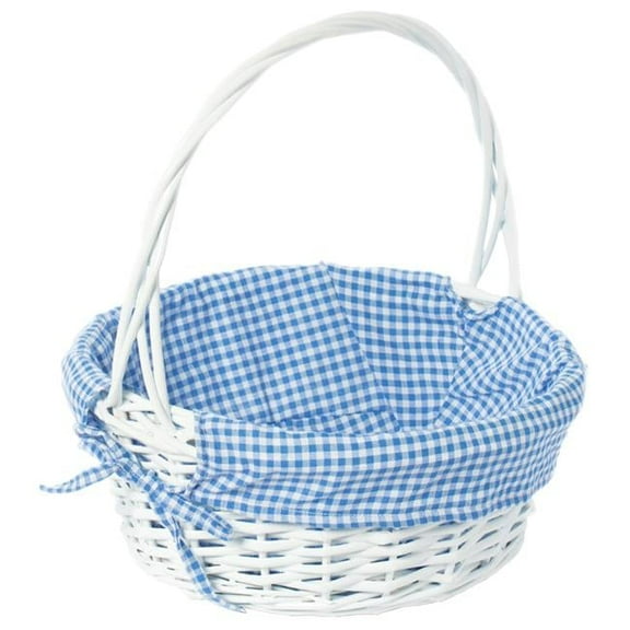 13 x 15 in. Round Willow Gift Basket with Blue Gingham Liner & Handle, White - Medium