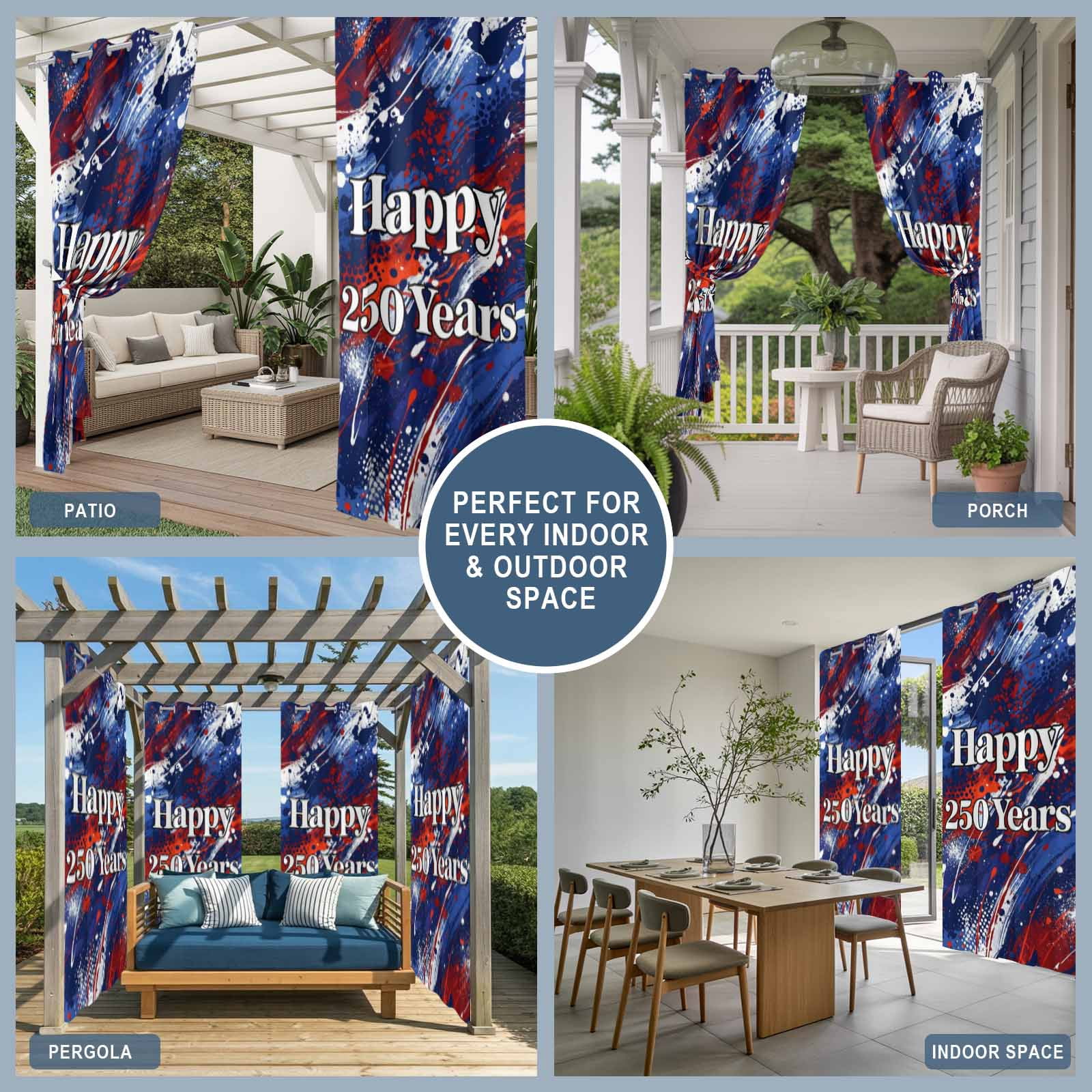 Happy 250 Years Outdoor Curtains for Patio, Independence Day Blue Red White Splash Sunshade Privacy Drapes Grommet Waterproof Outside Curtains for Porch/Cabana/Balcony 54"x 108", 1 Panel