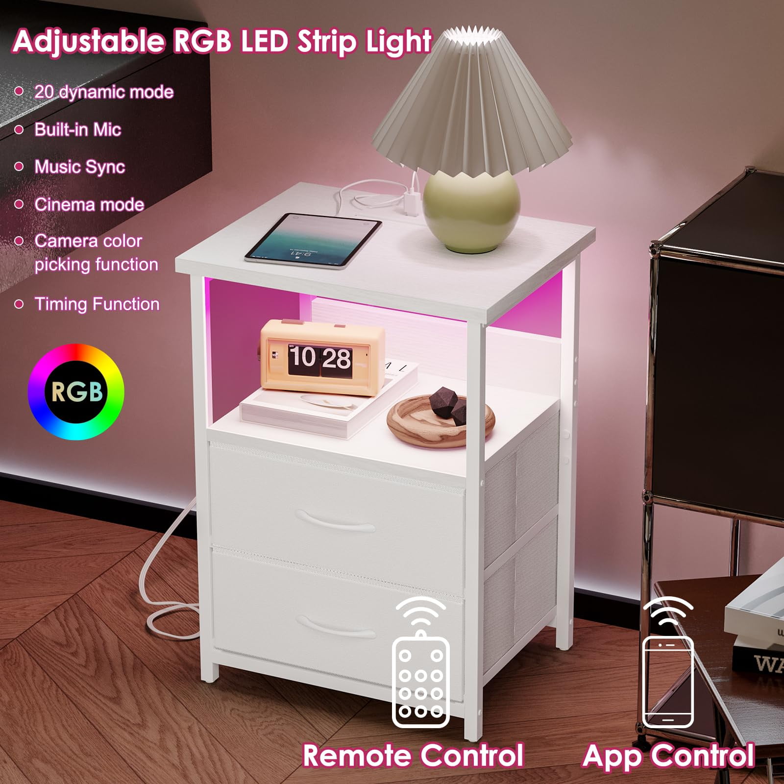Tomnk Nightstands Set of 2, Bed Side Table with Charging Station, LED Night Stand with 2 Fabric Drawers, White