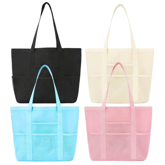 4 Pcs Beach Bag with Zipper Mesh Pockets, Beach Tote Bag for Pool Travel Cruise Vacation Essentials, Large Capacity for Women (Black   Beige   Pink   Blue)