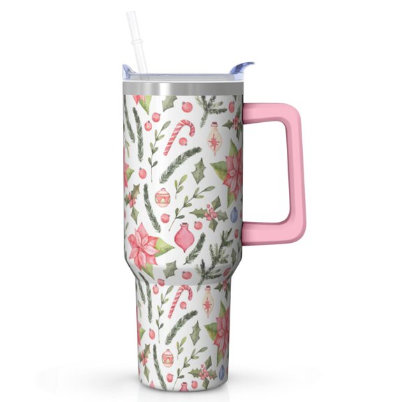40oz Xmas Tumbler with Lid and Straw, Stainless Steel Cup with Handle Snowflakes Travel Coffee Mug, Holiday Gifts