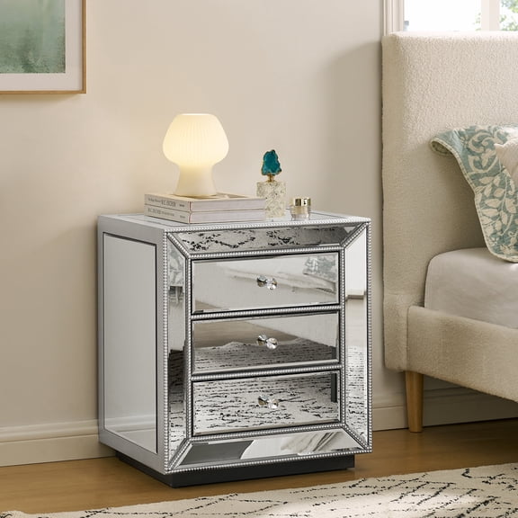 Mirrored Nightstand with 3 Drawers, 20" W x 15.8" D x 22" H