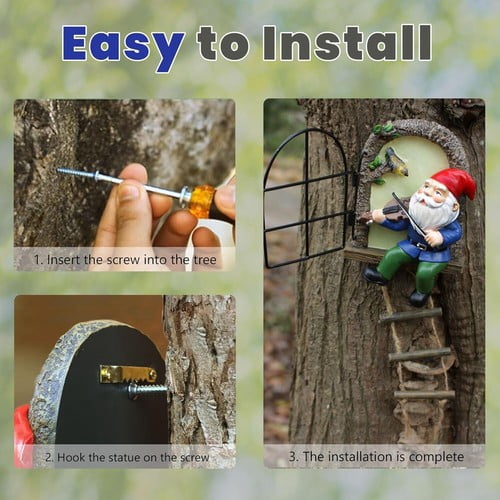 Colourtree Elf Out The Door Tree Hugger with Ladder, Funny Musical Gnome Garden Sculpture, Whimsical Fairy Tree Face/Stump Decor, Resin Outdoor Statue, Luminous Elf Peeker Yard Art