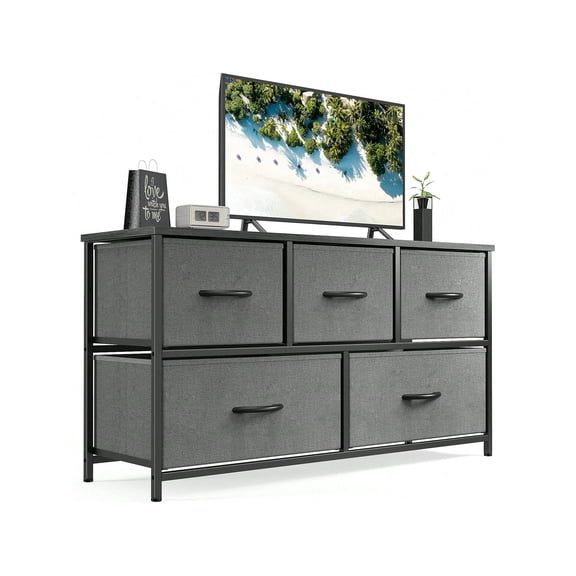 5 Dresser Chest Bedroom, Metal Frame And Wood Top For TV Stand Up To 40 Inch With Fabric Storage Drawer Units For Living Room