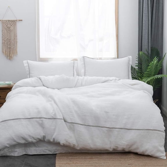 Simple&Opulence 100% Washed Linen Duvet Cover Set King 104"x92" - 3 Pieces Soft Farmhouse Comforter Cover Set Double Embroidered with Button Closure - 1 Duvet Cover and 2 Pillowcases (White, King)