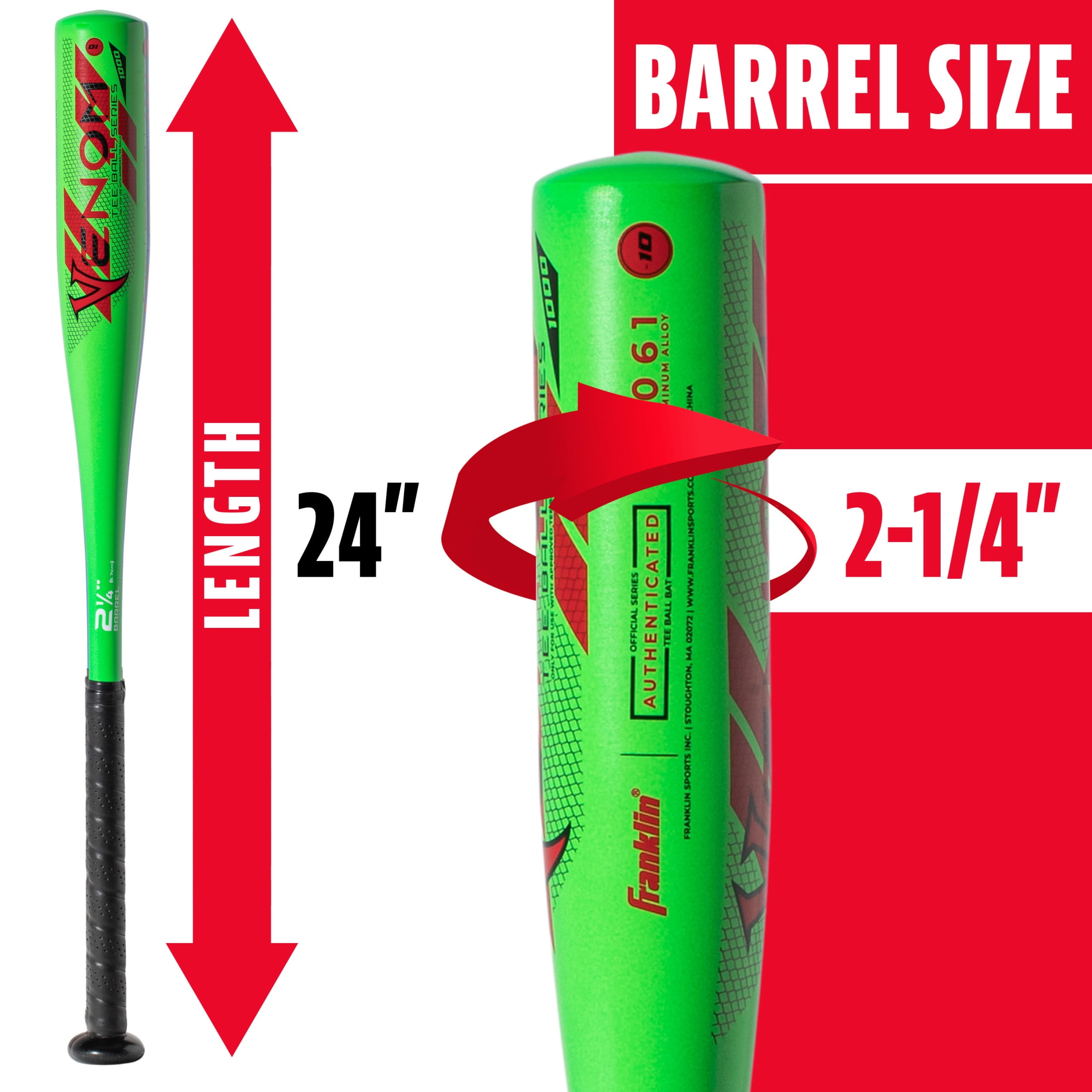 Franklin Sports Venom 1000 Youth Aluminum Teeball Bat, 24 in/14 oz, Drop -10, Green
