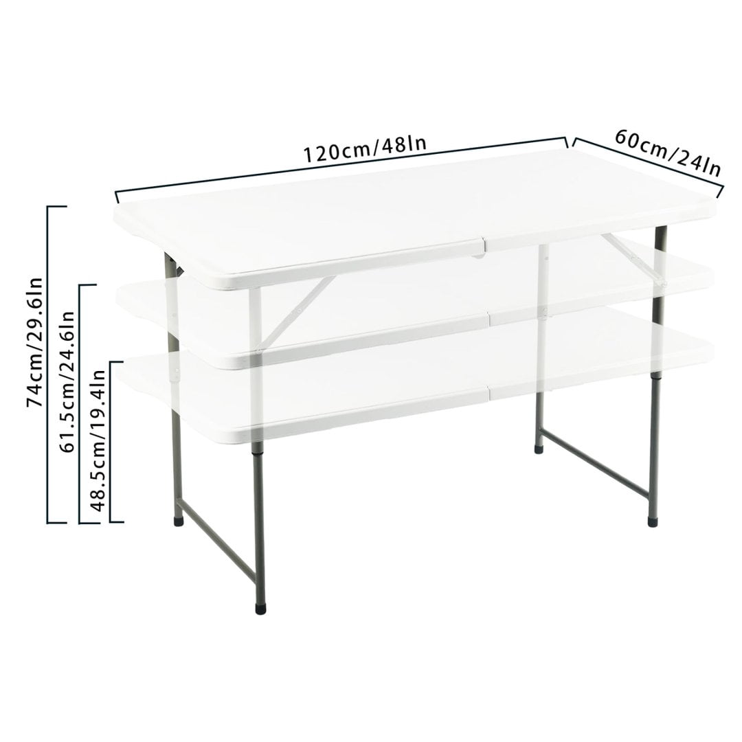 Gewnee 48''Rectangular Folding Dining Table,3 Adjustable Height Settings with Carrying Handle,Indoor & Outdoor for Dining Room, Living Room, Office & Camping,White