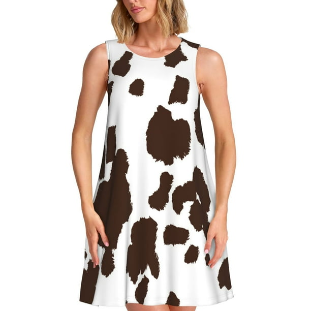 Fotbe Brown Cow Vestido de Verano sin Mangas para Mujer – Vestido Midi Línea A, Estilo Camiseta Floral, Vestido Playero Casual y Fluido