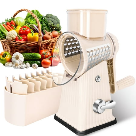 Rotary Cheese Grater with 5 Well-designed Blades & Strong Suction Base Kitchen Mandoline Vegetable Slicer with Blade Storage Box