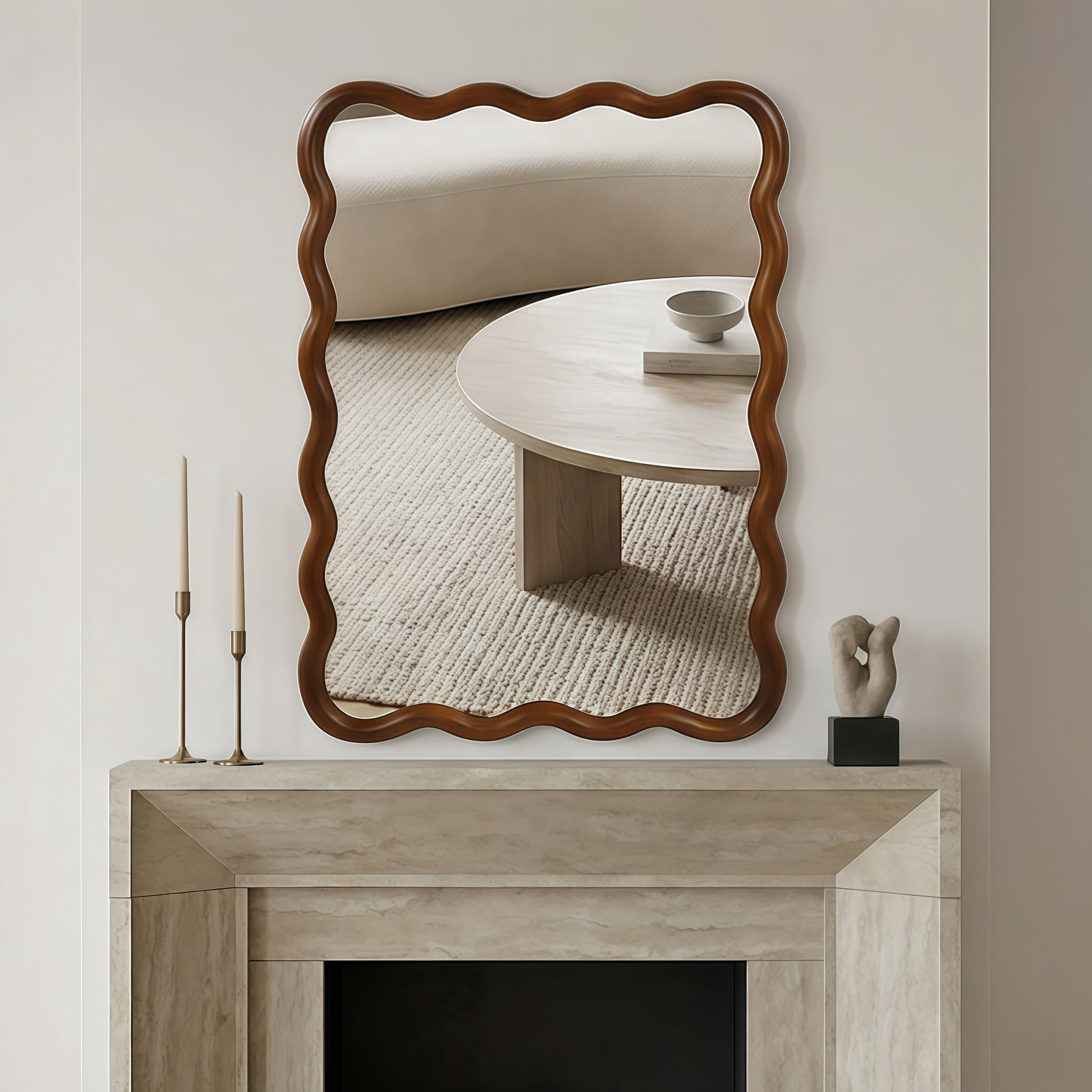 Noble House 30"x40" Wavy Rectangle Wall Mirror, Solid Wood Frame Decorative Accent Mirror for Entryway/Bathroom, Walnut