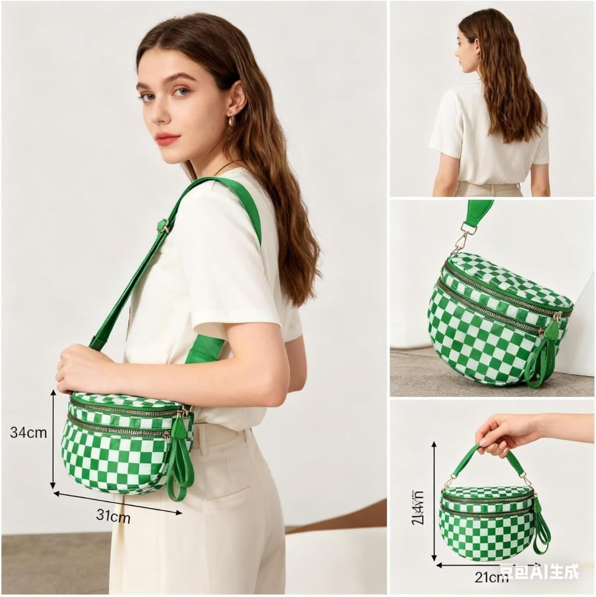 Baguery Women's Trendy Nylon Crossbody Bum Bag - Plus Size Fanny Pack Sling Belt Bag (Beige White Grid/Kelly Green), 3-Zipper Compartments​