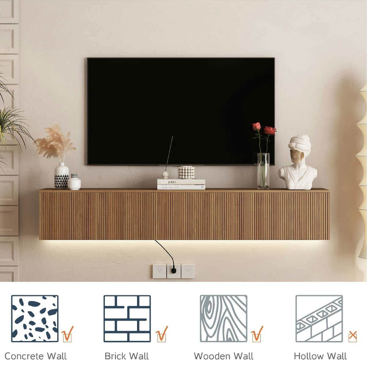 Kadyn TV Console Table, Entertainment Center,TV Stand,Floating TV Stand Wall Mounted with 16 Color LEDs,69" Modern Entertainment Center for 55 60 65" TV, Brown