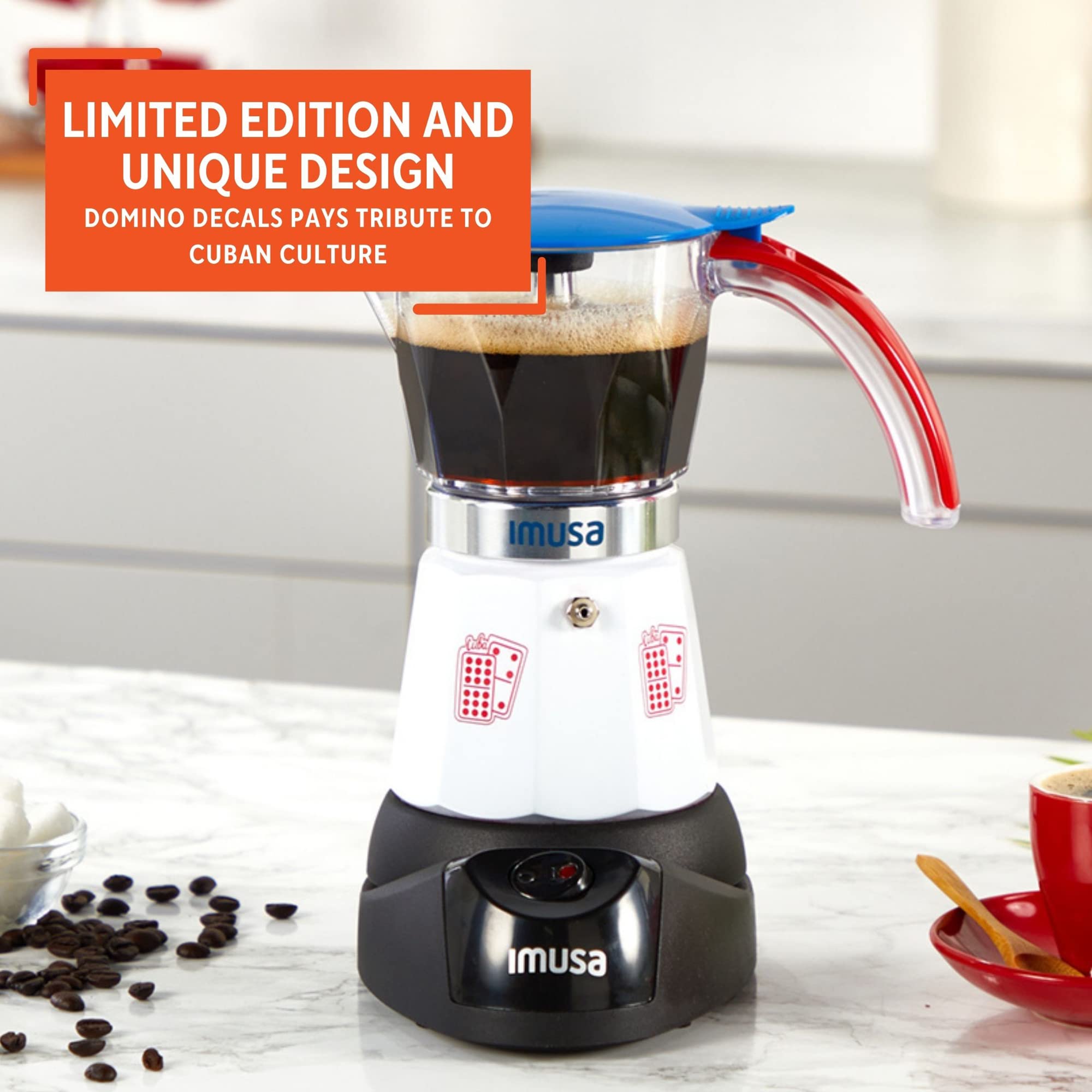 Imusa Special Edition Electric Cuba/Domino themed Espresso Maker, 3 or 6 Cups, White, Red, Blue