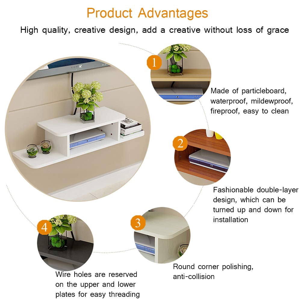 BiJun Floating TV Stand Wall Mounted, Router DVD Shelf, for Media Equipment, （White）