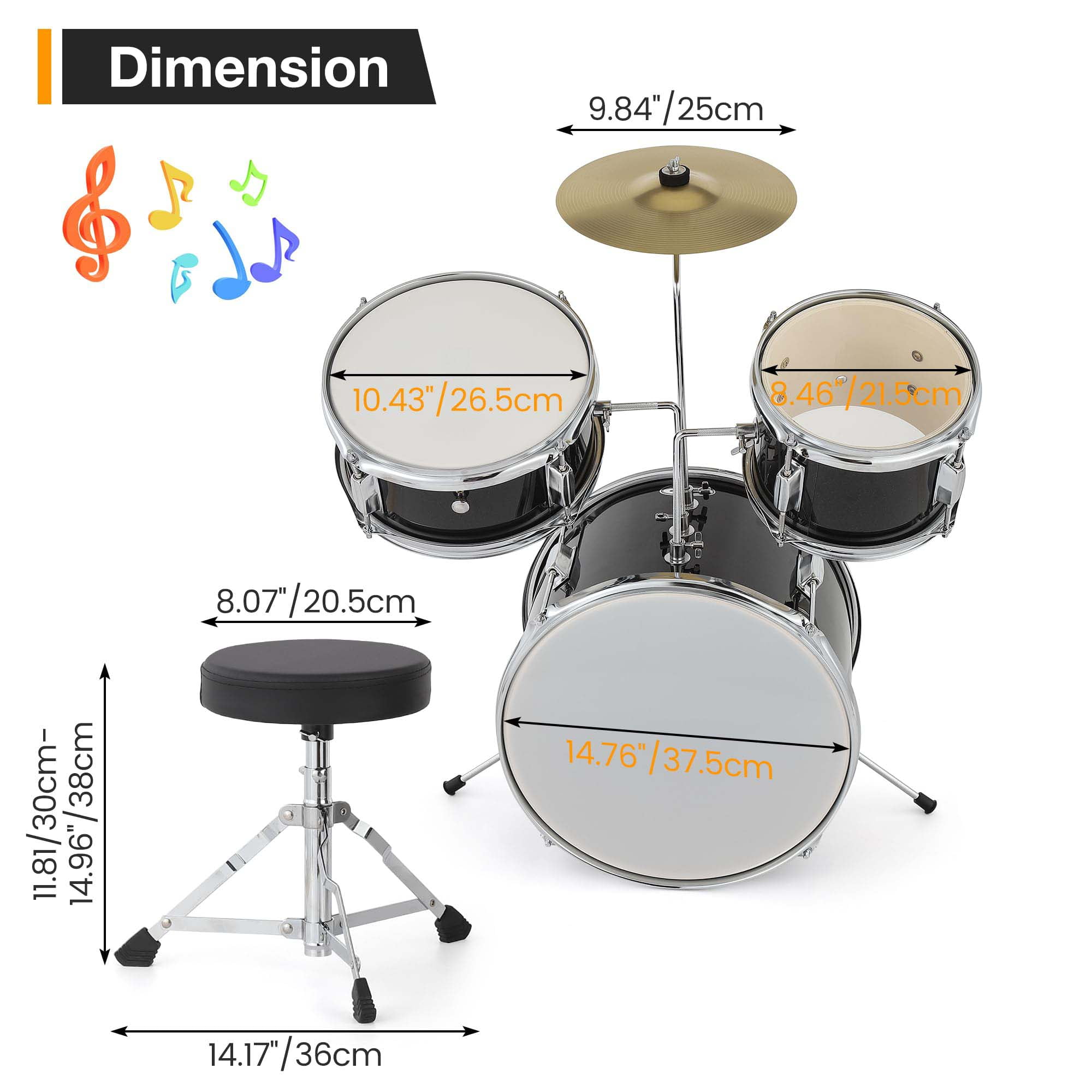Huisuilinss Kids Drum Set For Musical Instruments,3-Piece Junior Drum Sets For Beginner,With Bass,Tom-Tom,Snare,Cymbals,Hi-Tone,Sticks,Base Pedal And Stool