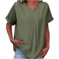 thumbnail image 2 of YMNXA Women's T Shirt Short Sleeve V Neck Solid Color Comfortable Breathable Loose Fit Tee Top For Casual Daily Wear,Army Green,L, 2 of 5