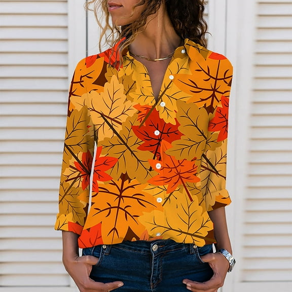 ICHUANYI Womens Fall Print Shirts Lapel Long Sleeve Button Down Blouses V Neck Casual Loose Tops