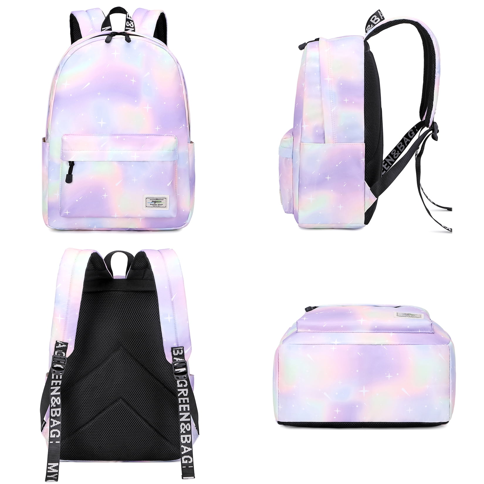 Mygreen Tie Dye Girls Backpack, Kid Backpacks for Girls Cute Lightweight Bookbag with Lunch Bag Galaxy Green Purple