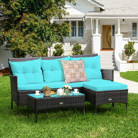 Costway 3PCS Patio Rattan Furniture Set 3-Seat Sofa Cushioned Table Turqouise
