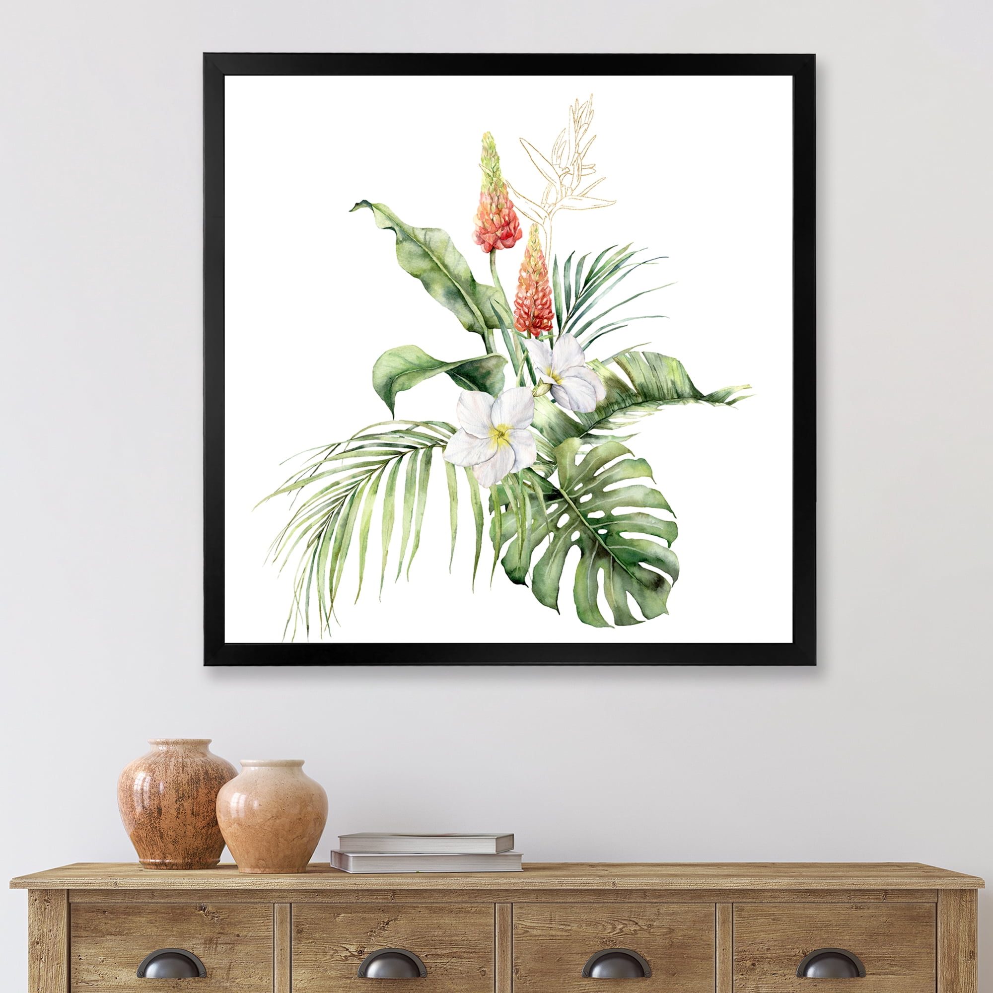 Designart 'Tropical Bouquet With Plumeria Lupine Palm Leaves' Traditional Framed Art Print