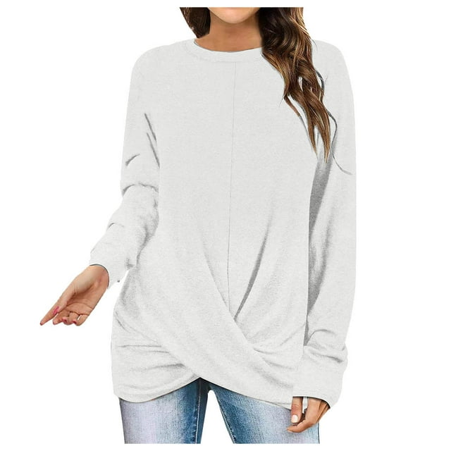 Bowake Tunique pour Femmes Tendance 2024 Col Rond Croisé devant Manches Longues Chemise Décontractée Ample Blouse de Sortie