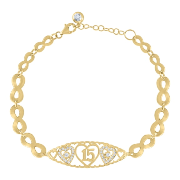 10kt Yellow Gold Womens Cubic-Zirconia Heart Quinceanera 15 Charm Bracelet Size 8 Inches