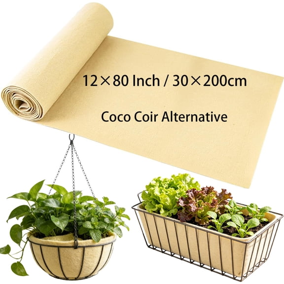 12x80 Inch Beige Felt Planter Liner Roll, Bexikou Non Woven Fabric Coco Liner Alternative, Easy to Cut Coconut Basket Liner Replacement for Hanging Flower Basket, Window Box & Planter
