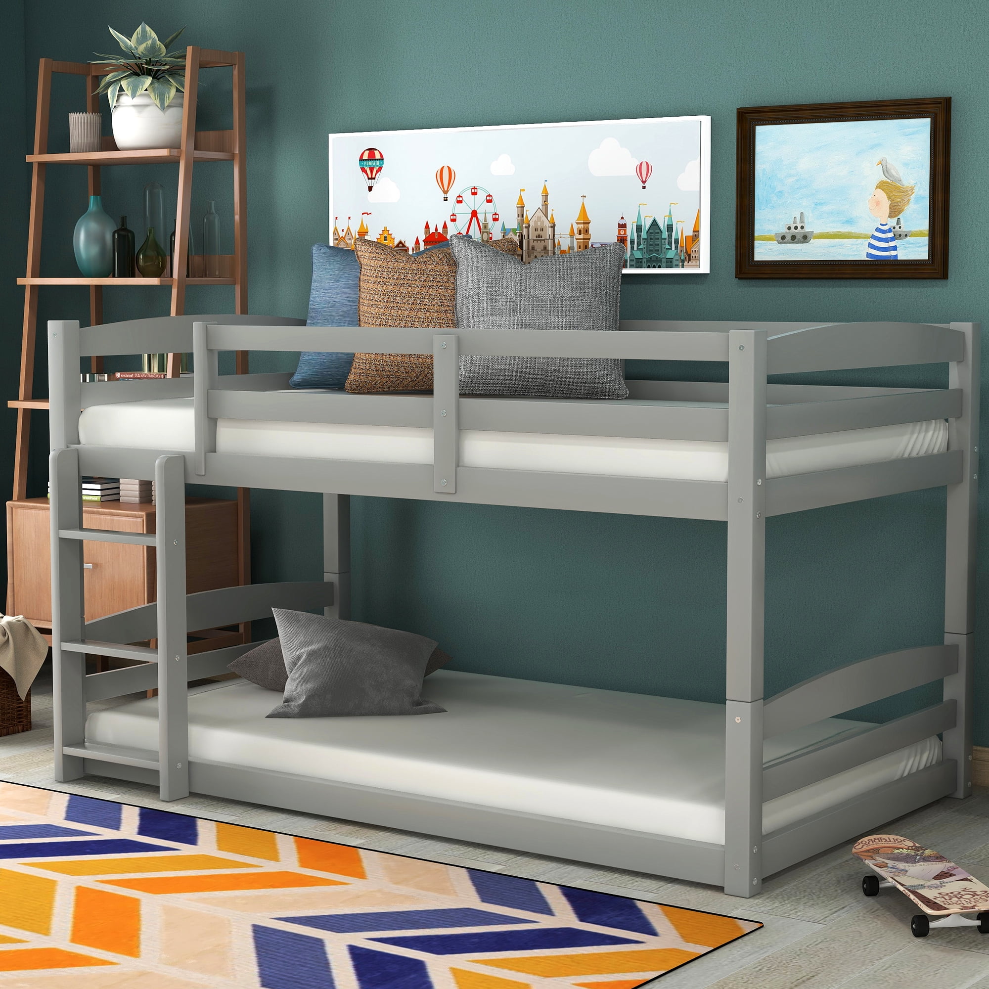 Merax Twin Over Twin Floor Bunk Beds with Ladder and Guardrail