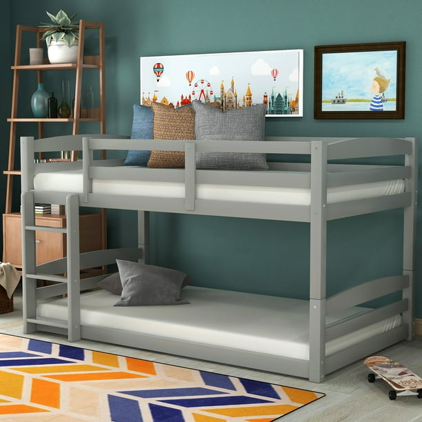 Merax Twin Over Twin Floor Bunk Beds with Ladder and Guardrail, Gray