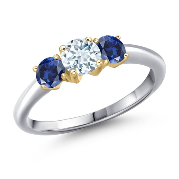 Gem Stone King 925 Silver and 10K Yellow Gold Sky Blue Aquamarine and Blue Created Sapphire Engagement Ring for Women | 1.00 Cttw | Round 5MM | Gemstone March Birthstone | Size 9