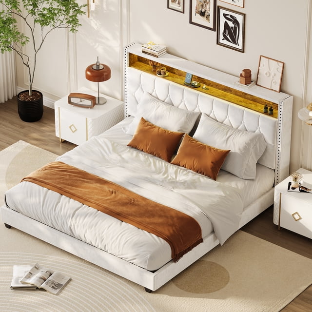 Upholstered Headboard Platform Bed with Light ,Charging Station and Bookcase, No Noise, Stable, Easy Assembly, No Box Spring Needed