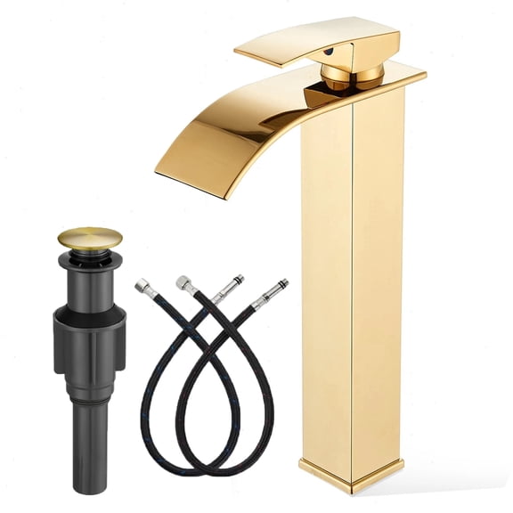 Zovajonia Gold Waterfall Tall Bathroom sink Faucets Single Handle 1 Hole Modern with Pop-up Drain and Supply Hoses
