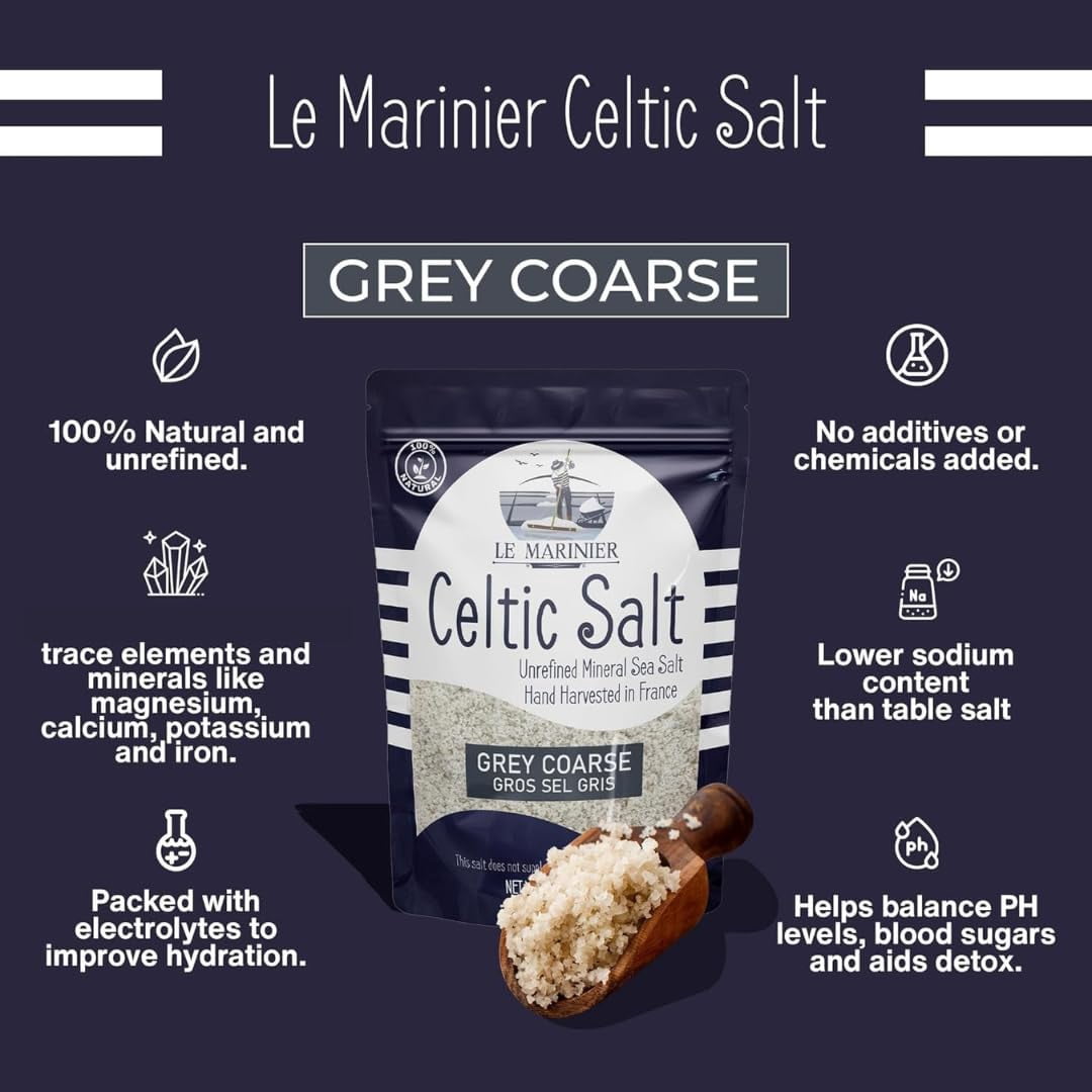 Le Marinier Celtic Salt Organic Grey Coarse, 5lb Mineral Rich 100% Natural and Unrefined French Sea Salt Organic. Hand Harvested Mineral Sea Salt, Sal Celtica Organica, Sel Gris (5lb Grey Coarse)