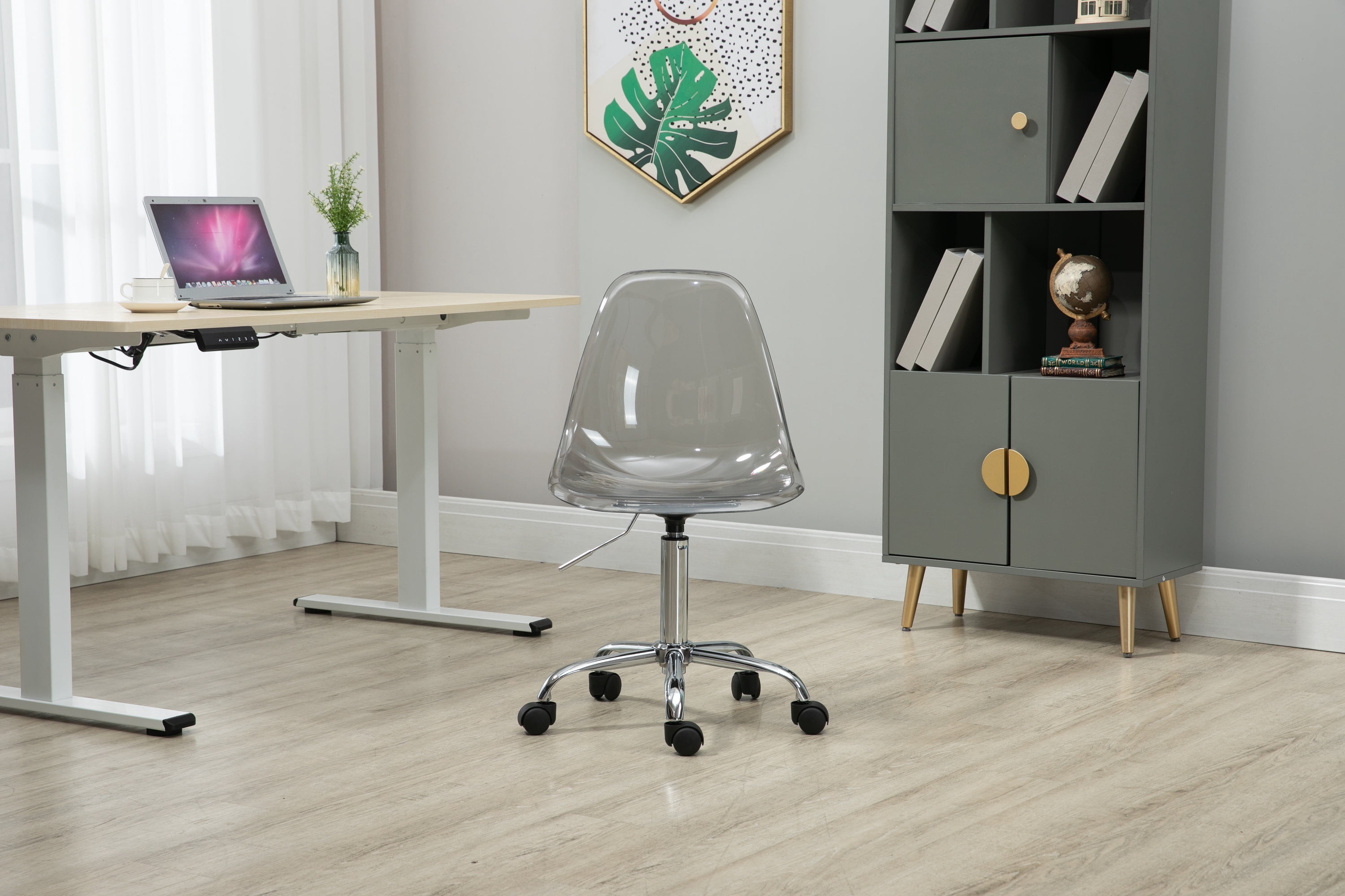 Luccalily Clear Acrylic Rolling Chair,Modern Small Cute Armless Vanity Rolling Plastic Chair Home Office Lucite Ghost Chairs with Adjustable Height and Wheels