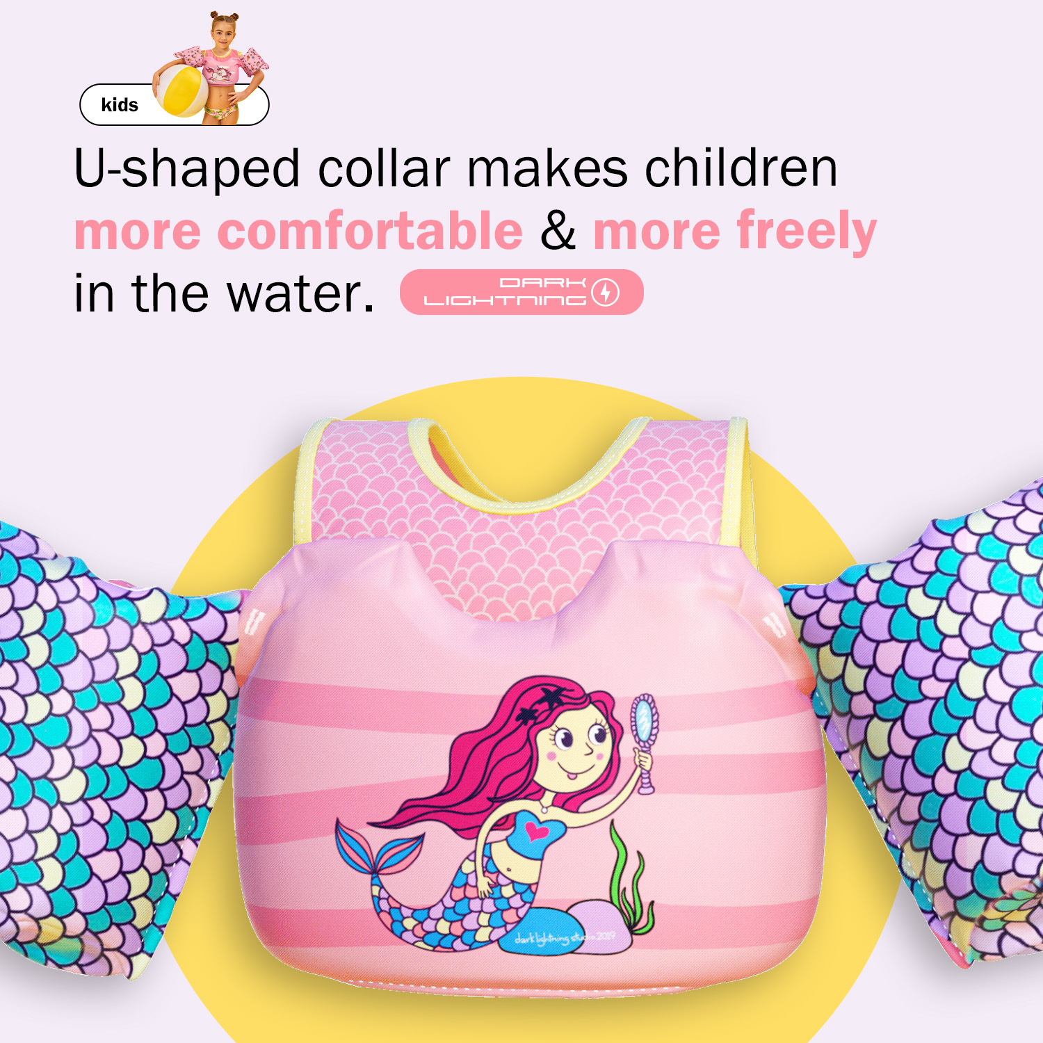 Dark Lightning Coast Guard Approved Life Jacket for Kids, Toddler Swim Vest with Arm Floats for Pool, Mermaid