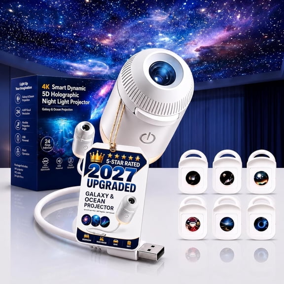 HD Smart Dynamic 5D Holographic Night Light Projector, 360° USB Powered Galaxy Ocean Projector with 6 Films