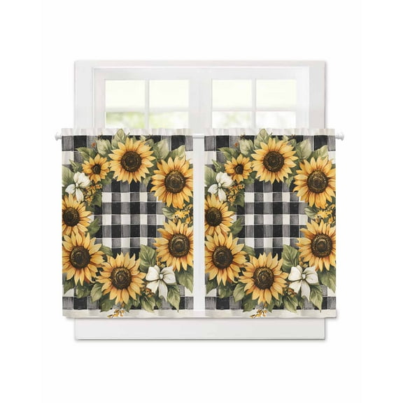 Spring Sunflower Wreath Short Blackout Curtains 45 Inch Long Black White Plaid Rod Pocket Kitchen Curtains, 2 Panels Thermal Insulated Room Darkening Drapes for Bedroom, 30"W x 45"L