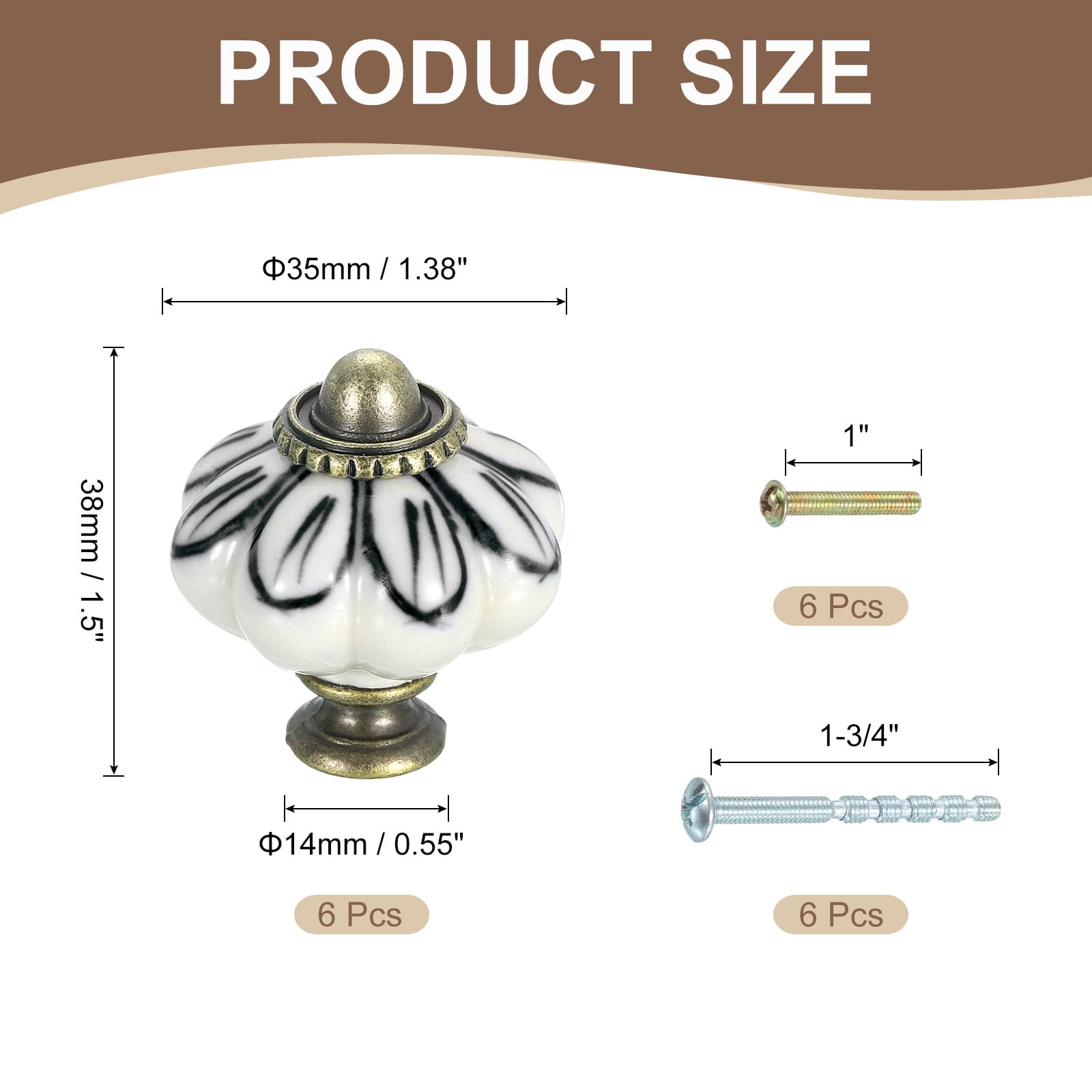 Uxcell 6 Pack Ceramic Knobs, 35mm/1.38" Pumpkin Cabinet Knob Drawer Pull Handle Vintage Drawer Knobs with Screws for Vanity Bedroom Furniture Closet, Black Petals